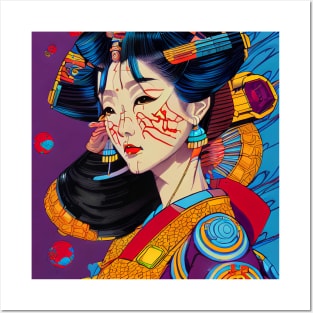 Cyber geisha illustration, colorful retro design Posters and Art